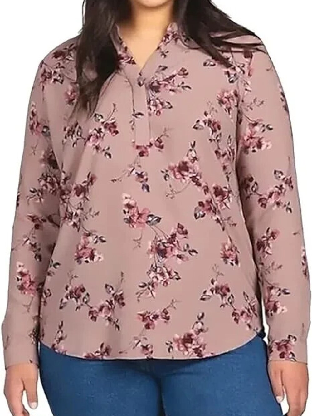 Hilary Radley V-Neck Blouse Women's 2XL XXL Plus Long Sleeve Pink Floral Top